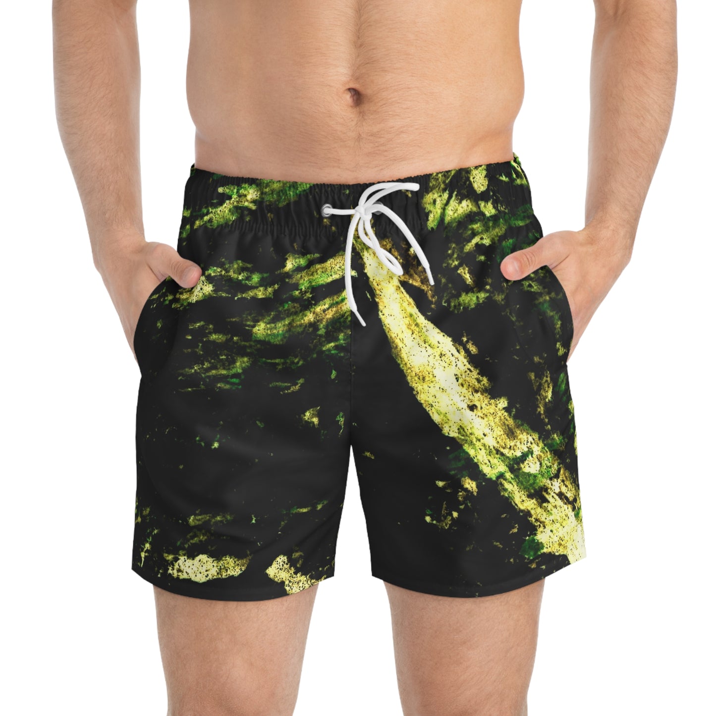 Bold Graphic Swim Trunks, Summer Beachwear, Vacation Essentials, Pool Day Outfit, Fun Swim Shorts, Vibrant Men's Swimwear