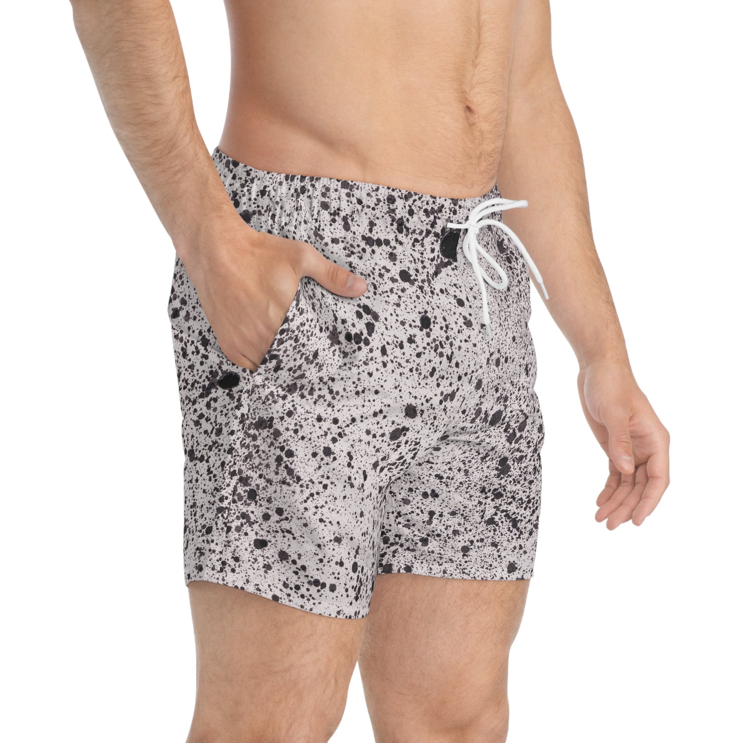 Stylish Black Splatter Swim Trunks, Summer Beachwear, Pool Party Essentials, Vacation Swim Shorts, Casual Swimwear for Men