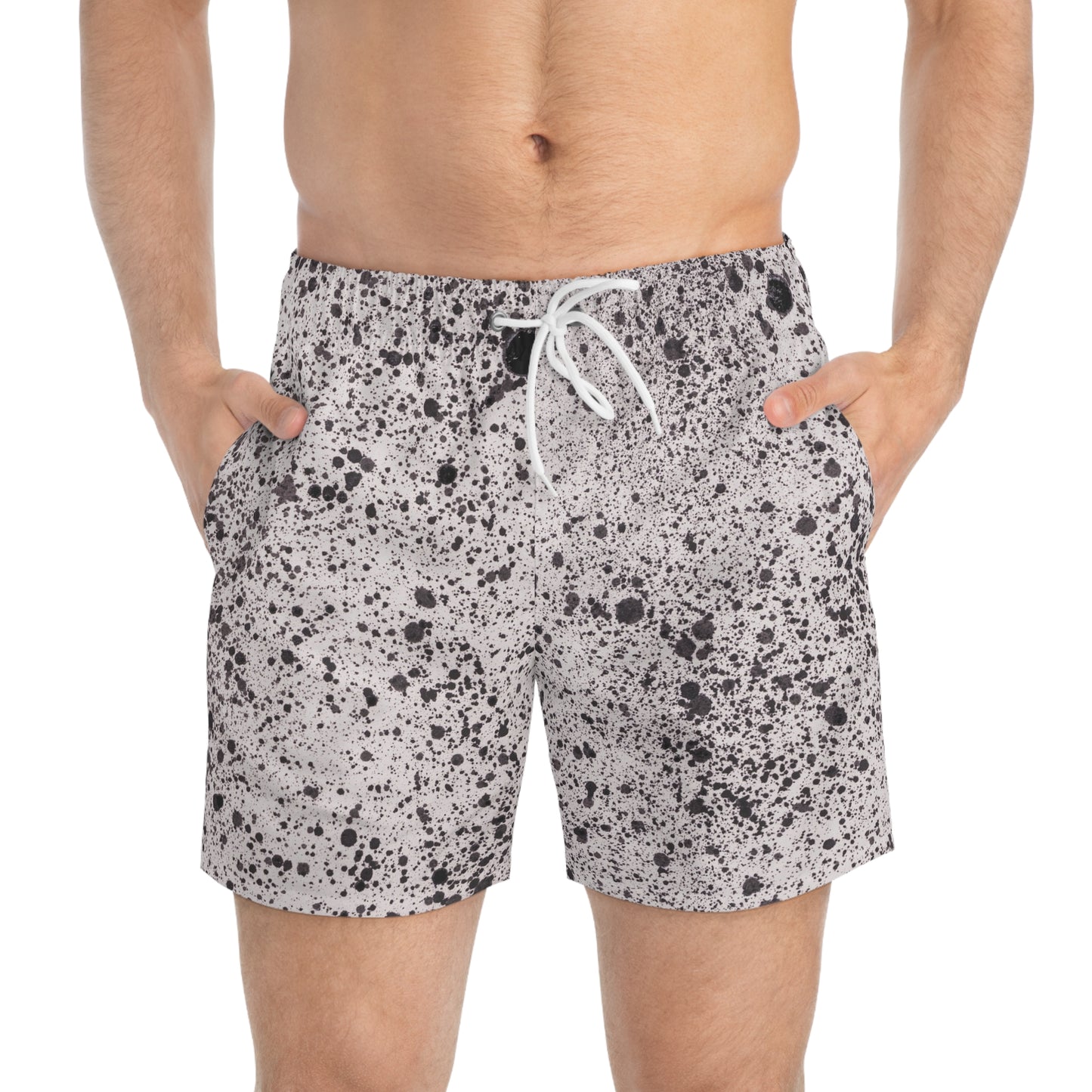 Stylish Black Splatter Swim Trunks, Summer Beachwear, Pool Party Essentials, Vacation Swim Shorts, Casual Swimwear for Men