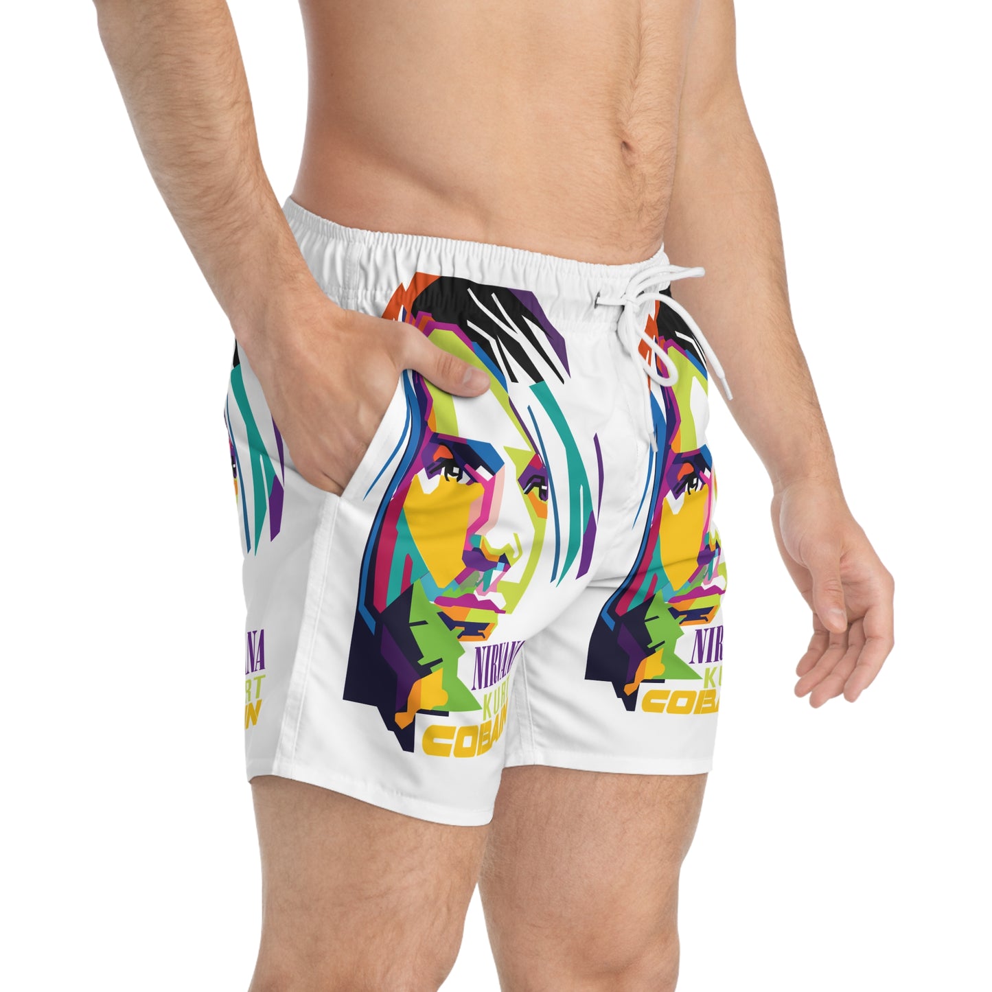 Kurt Cobain Swim Trunks, Vibrant Beachwear for Music Lovers, Perfect for Summer, Festivals, Pool Parties, Gifts for Fans