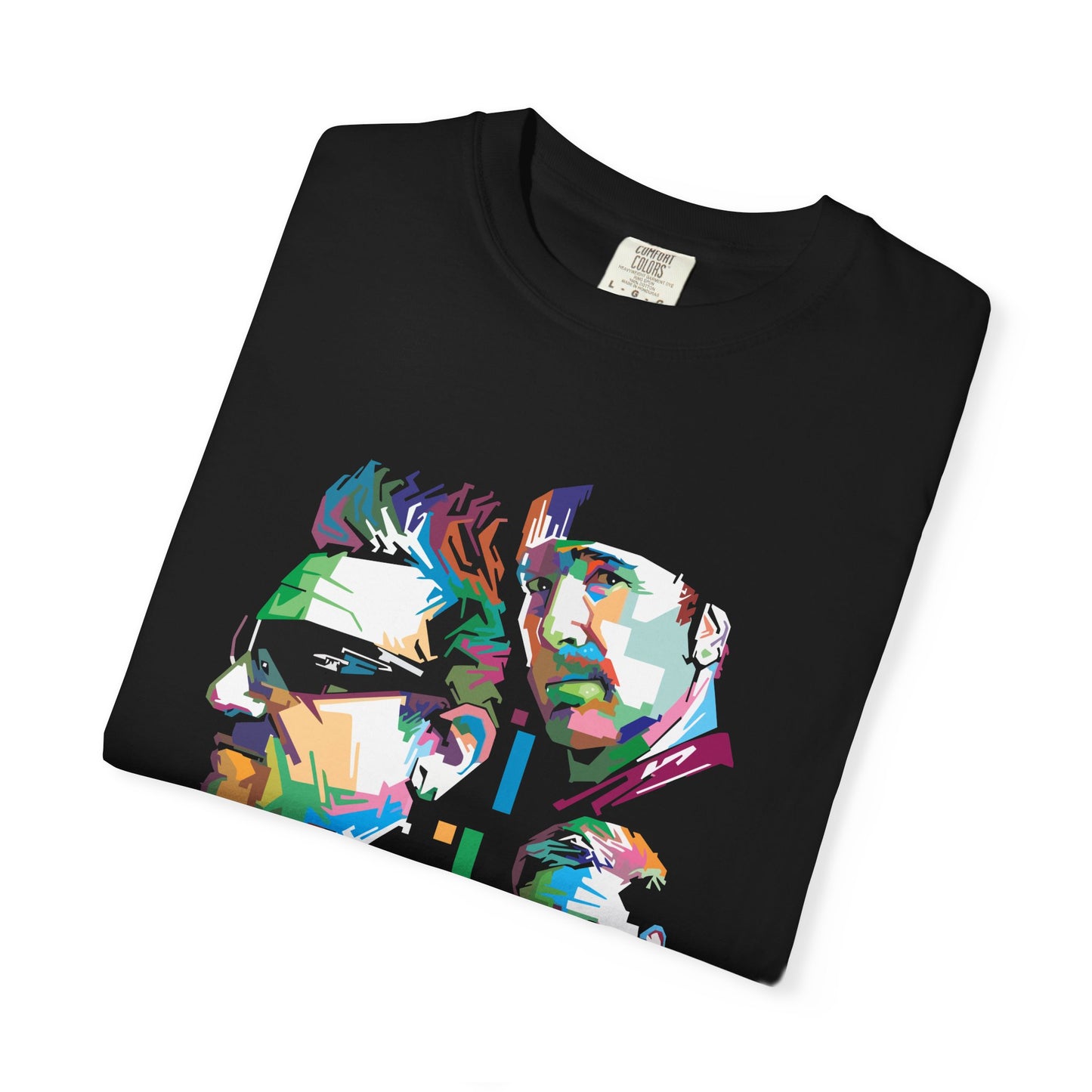 Colorful Graphic T-shirt Featuring Iconic Music Band Art