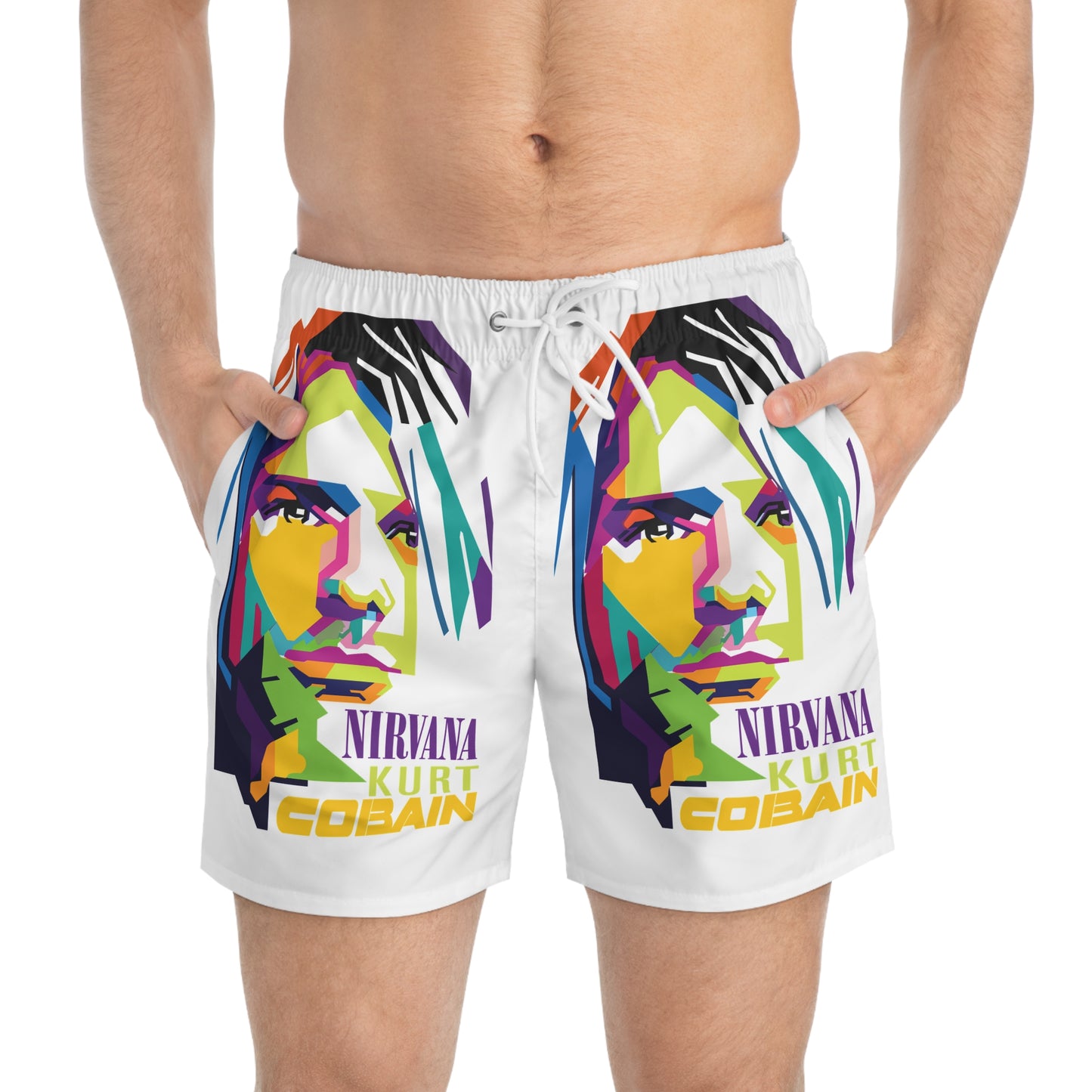 Kurt Cobain Swim Trunks, Vibrant Beachwear for Music Lovers, Perfect for Summer, Festivals, Pool Parties, Gifts for Fans